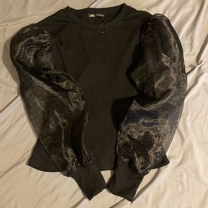 ZARA MESH PUFF SLEEVE RIBBED BLACK TOP